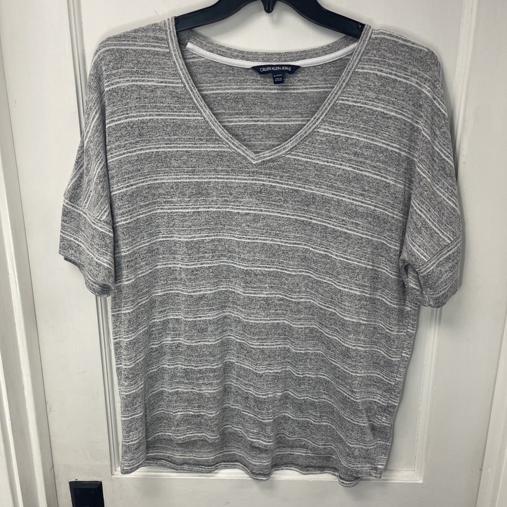 Calvin Klein Jeans XL Shirt Heather Grey White Stipes Soft Women Oversize Top